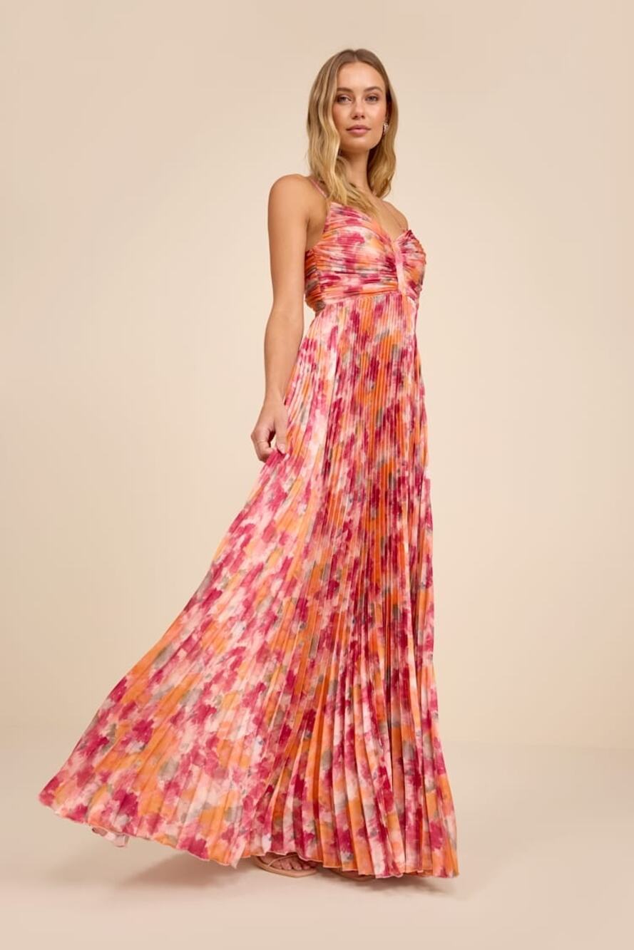 NWT Lulus Dreaming in Color Pink Abstract Pleated Satin Maxi Dress Medium